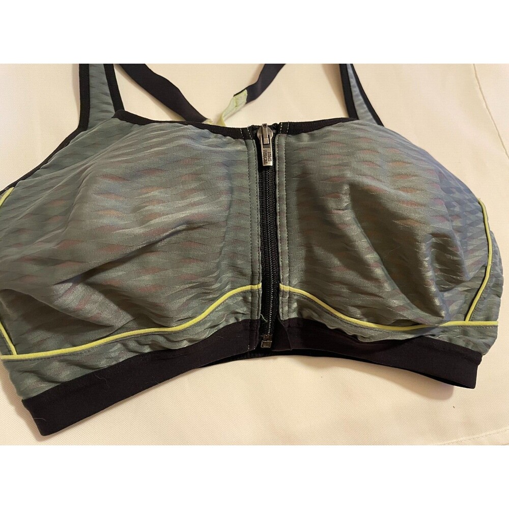 Victoria Secret VSX Sport Knockout Bra 38D Push up Gym Front Zip Gray Shine NEW